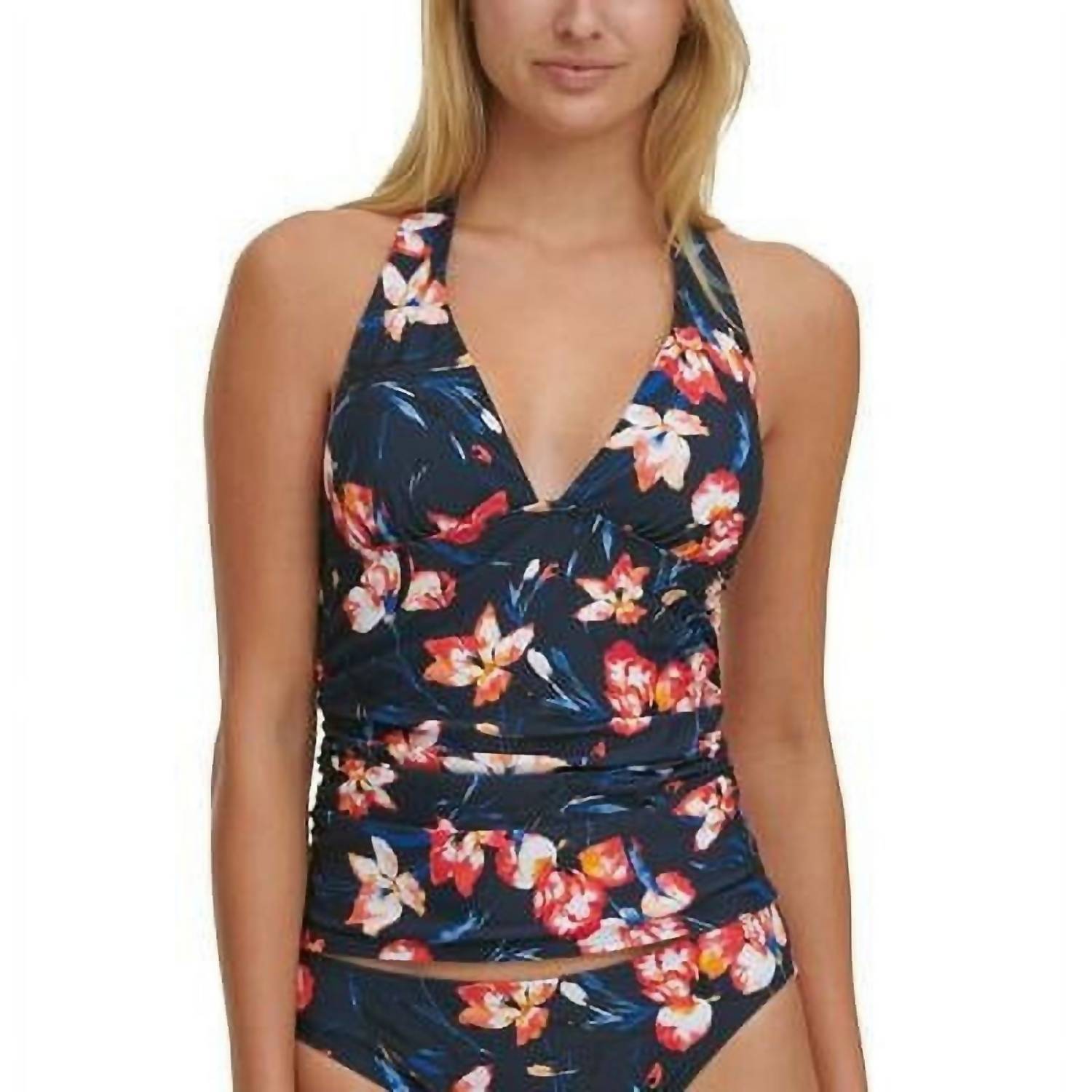 New Tommy Hilfiger Water Iris Floral Print Tankini Swim Top In Navy